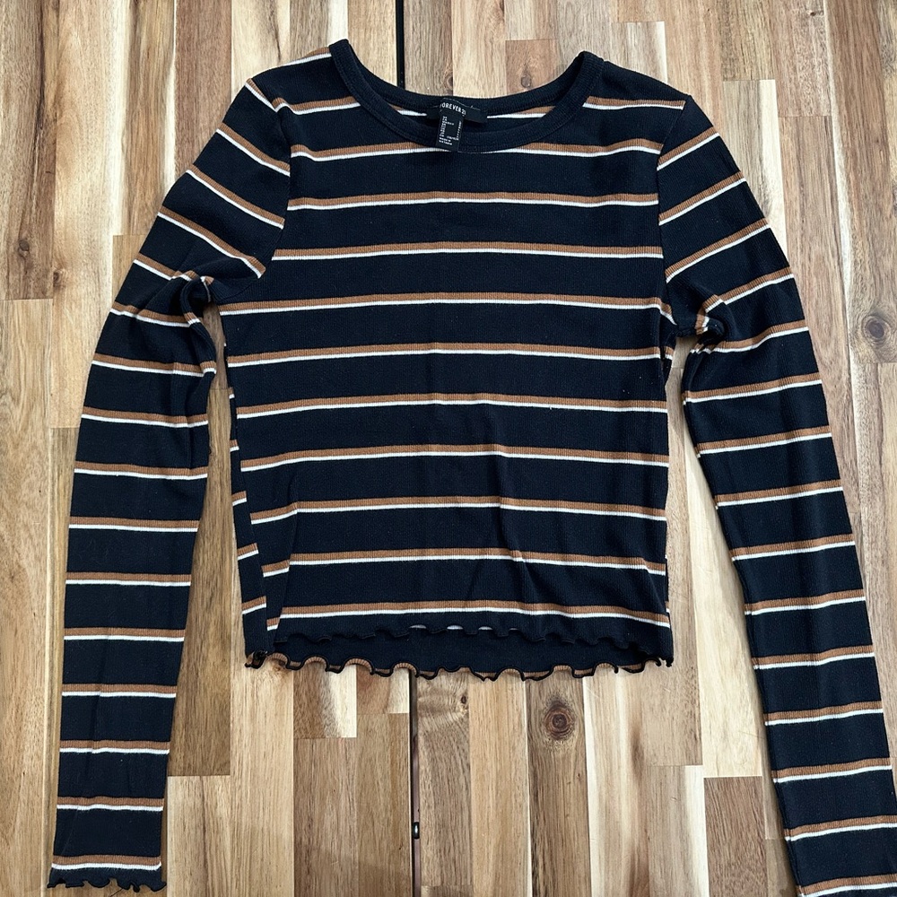 Forever 21 Black and Tan Striped Long Sleeve Top
